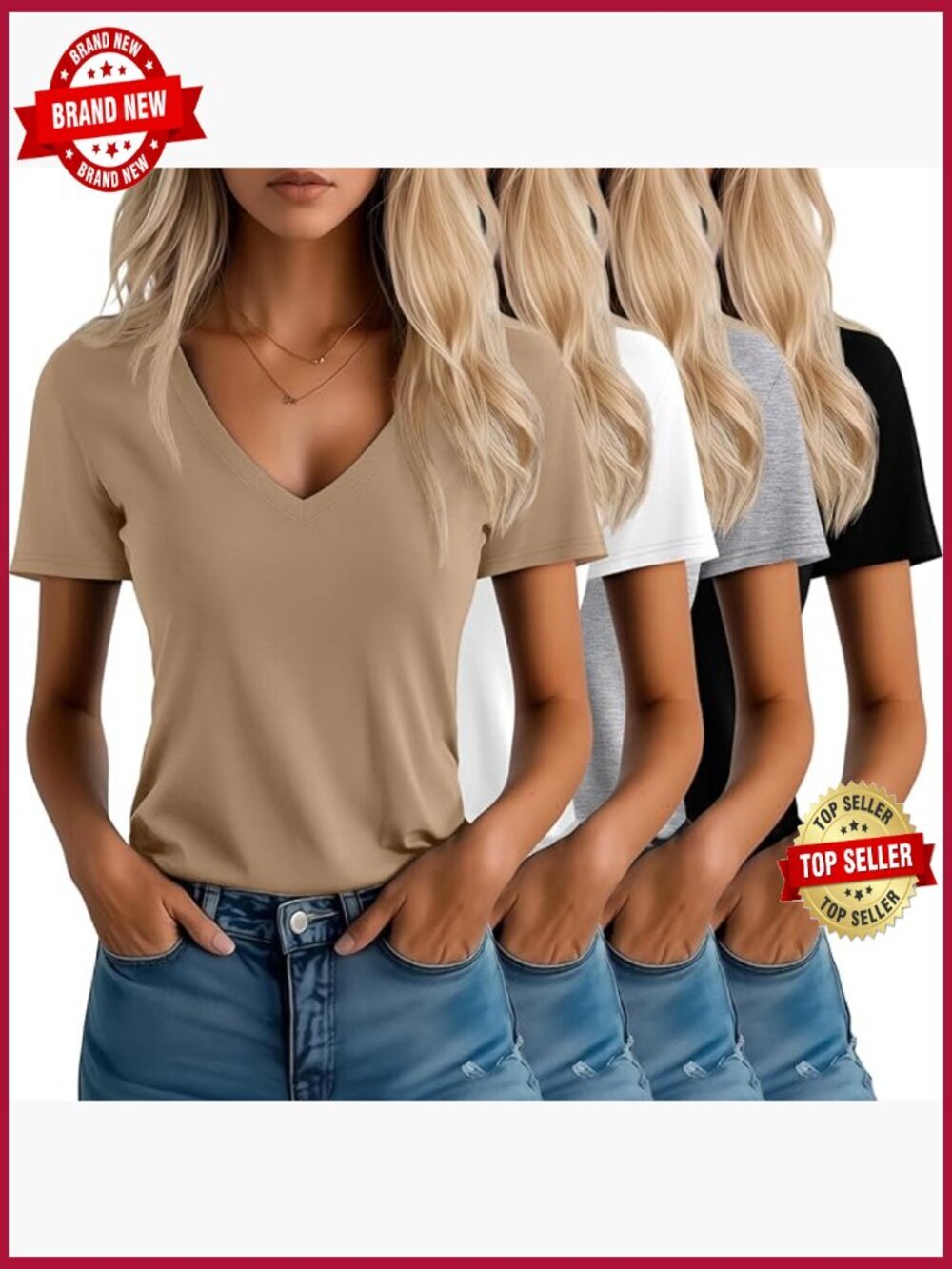 4 Pack V Neck T-Shirts Short Sleeve Casual Loose Fit Plain Basic Tees